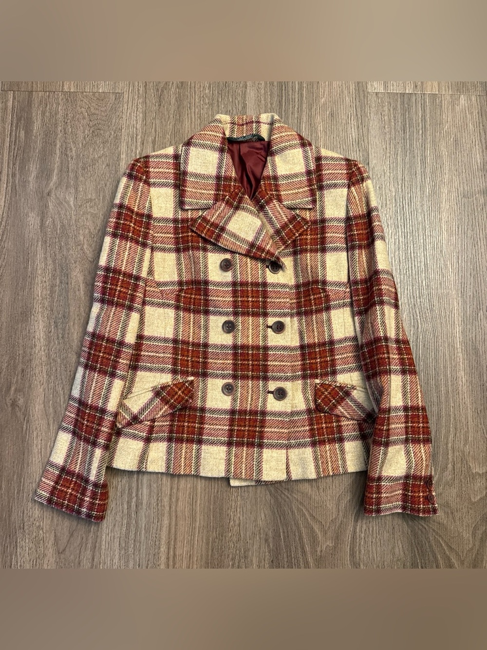 Vintage Laura Ashley 100% pure wool Red and cream plaid wool jacket. Size 8.